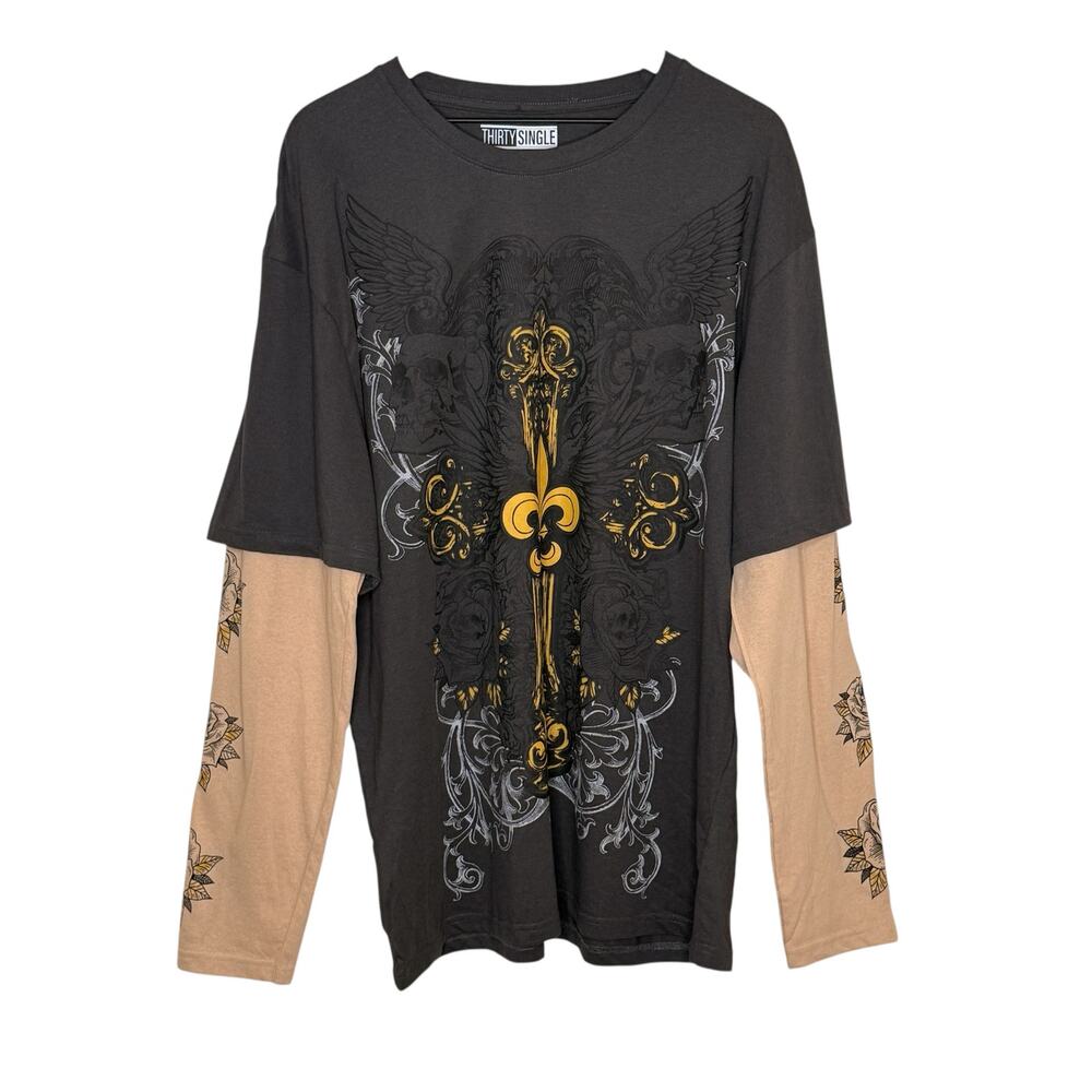 THIRTY SINGLE Layered 2fer Gothic Cross Fleur De Lis Tattoo Sleeve Tee L Grunge
